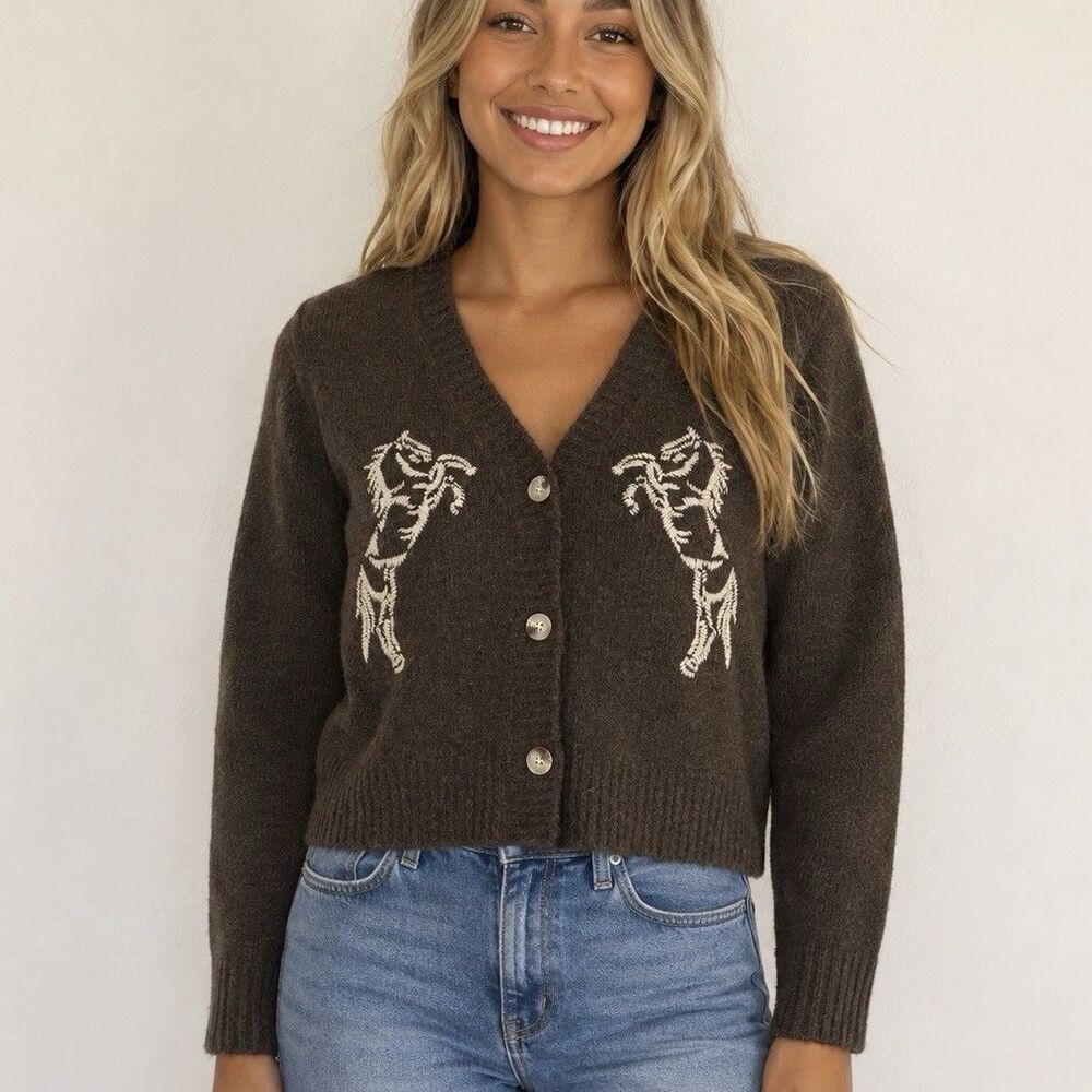 Threaded Leaf Horse Cardigan Sweater Brown Embroidered Western Size Large